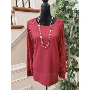 YESNO Women's Red Cotton Lace Long Sleeve Round Neck Casual Top Blouse Size 2XL